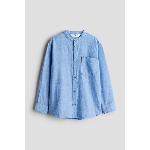 H & M - Koszula z domieszką lnu i ze stójką - Niebieski H & M 140 (9-10Y) H&M