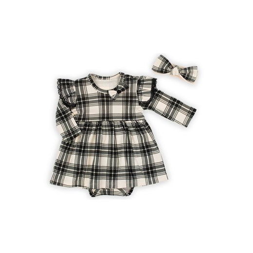 Komplet bawełniany niemowlęcy sukienko-body+ opaska w kratkę czarny ze sklepu 5.10.15 w kategorii Sukienki niemowlęce - zdjęcie 170641859