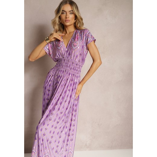 Fioletowa Sukienka Długa z Wiskozy z Kopertową Górą Ozdobiona Ornamentalnym Wzorem Adarica ze sklepu Renee odzież w kategorii Sukienki - zdjęcie 170645778