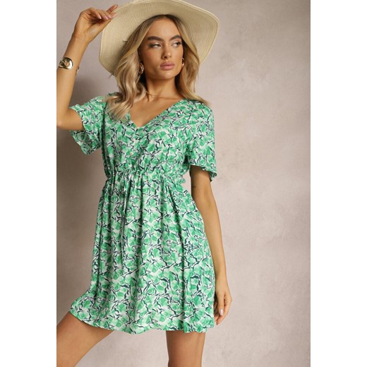 Zielona Wiskozowa Sukienka ze Sznureczkiem w Talii z Krótkimi Rękawami i Mozaikowym Printem Travei ze sklepu Renee odzież w kategorii Sukienki - zdjęcie 170646107