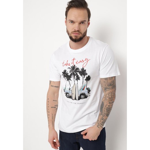 Biała Bawełniana Koszulka z Nadrukiem na Przodzie Kenora ze sklepu Born2be Odzież w kategorii T-shirty męskie - zdjęcie 170646489