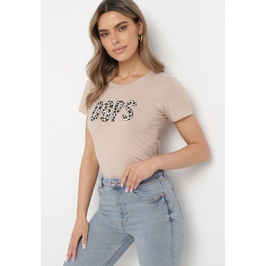 Ciemnobeżowy Bawełniany T-shirt z Nadrukiem Asix ze sklepu Born2be Odzież w kategorii Bluzki damskie - zdjęcie 170646538