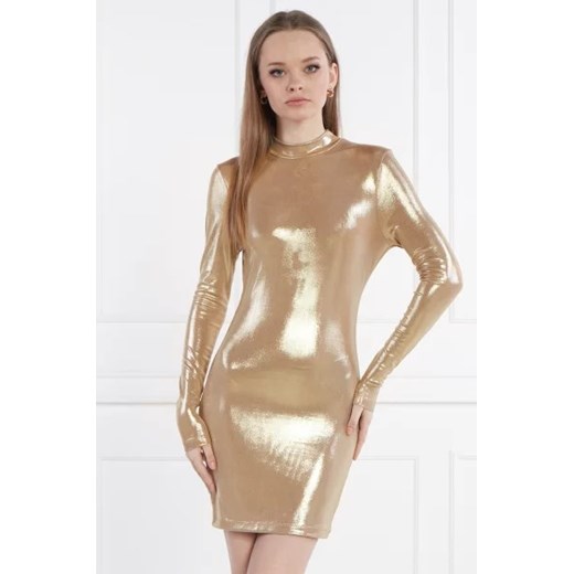 Sukienka Calvin Klein z długim rękawem złota z okrągłym dekoltem mini 