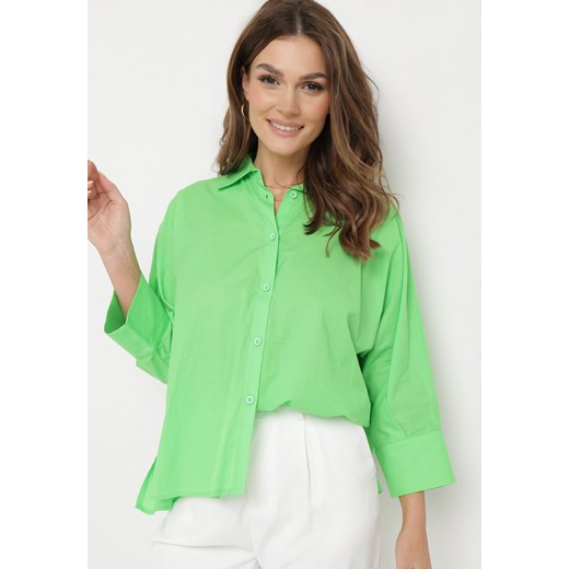 Zielona Bawełniana Koszula o Kroju Nietoperza z Rękawami 3/4 Corallia ze sklepu Born2be Odzież w kategorii Koszule damskie - zdjęcie 170695225