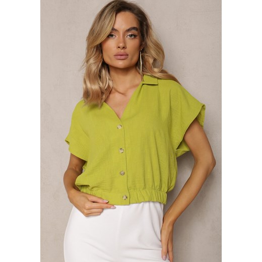 Zielona Krótka Koszula ze Ściągaczem i Zwiewnymi Rękawkami Reflia ze sklepu Renee odzież w kategorii Koszule damskie - zdjęcie 170700788