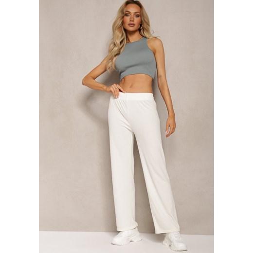 Białe Szerokie Spodnie z Delikatnie Prążkowanego Materiału Kasaida ze sklepu Renee odzież w kategorii Spodnie damskie - zdjęcie 170700838