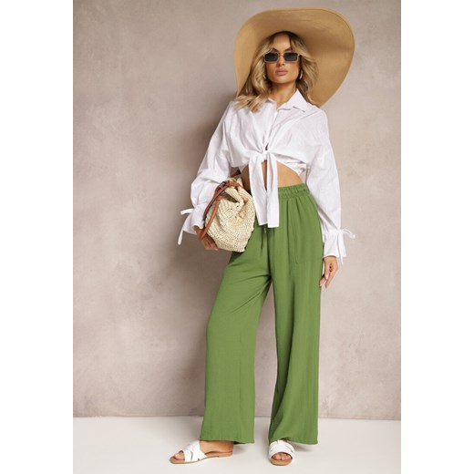 Zielone Spodnie High Waist ze Sznurkiem w Talii i Prostą Nogawką Raveann ze sklepu Renee odzież w kategorii Spodnie damskie - zdjęcie 170710985