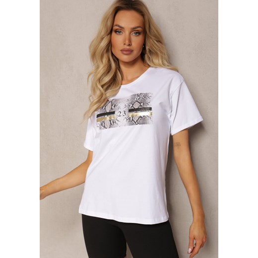 Biały T-shirt z Bawełny Ozdobiony Nadrukiem na Przodzie Katrielle ze sklepu Renee odzież w kategorii Bluzki damskie - zdjęcie 170711255