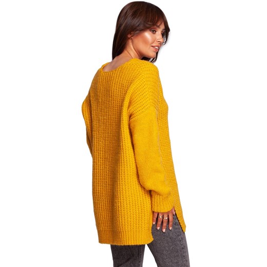 Długi wełniany sweter z dekoltem i rozcięciami miodowy BK087, Kolor miodowy, L/XL okazyjna cena Primodo
