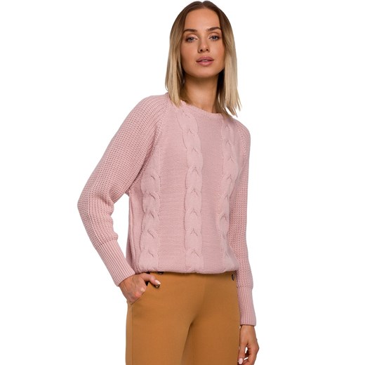 Sweter z splotem warkoczowym różowy M554, Kolor różowy, Rozmiar L/XL, MOE Moe S/M Primodo wyprzedaż