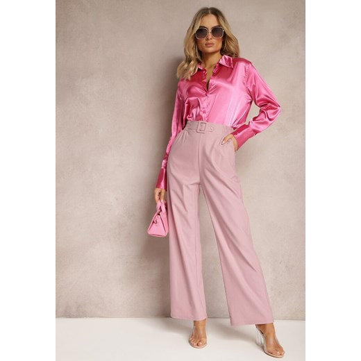 Różowe Spodnie Szerokie w Stylu Paper Bag z Materiałowym Paskiem Xennia ze sklepu Renee odzież w kategorii Spodnie damskie - zdjęcie 170723328