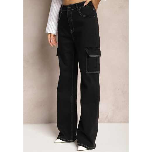 Czarne Szerokie Jeansy z Kieszeniami Cargo Nelsine ze sklepu Renee odzież w kategorii Jeansy damskie - zdjęcie 170723577