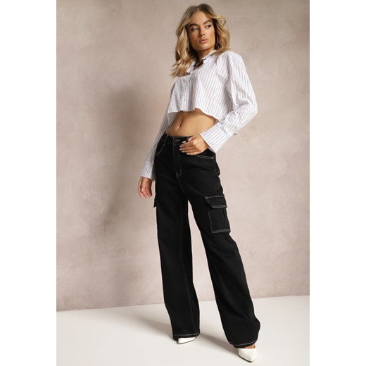 Czarne Szerokie Jeansy z Kieszeniami Cargo Nelsine ze sklepu Renee odzież w kategorii Jeansy damskie - zdjęcie 170723579