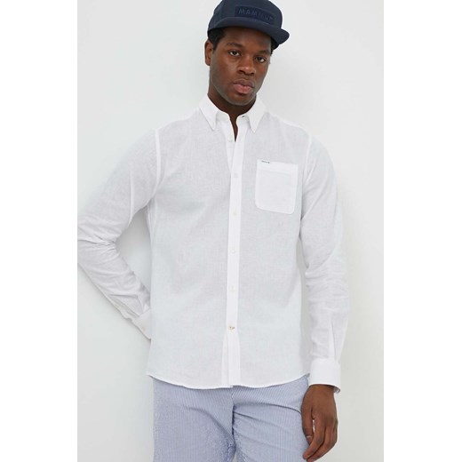 Barbour koszula lniana kolor biały slim z kołnierzykiem button-down ze sklepu ANSWEAR.com w kategorii Koszule męskie - zdjęcie 170733309
