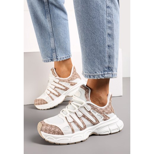 Ciemnobeżowe Sneakersy z Ozdobnymi Wstawkami i Tłoczoną Podeszwą Adlenavia ze sklepu born2be.pl w kategorii Buty sportowe damskie - zdjęcie 170734869