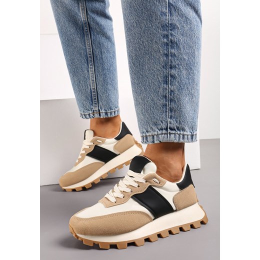 Beżowo-Czarne Sneakersy z Ekoskóry z Przeszyciami na Podeszwie z Protektorem Pomadia ze sklepu born2be.pl w kategorii Buty sportowe damskie - zdjęcie 170734887