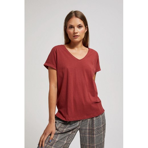 Bordowy t-shirt damski z dekoltem w serek ze sklepu 5.10.15 w kategorii Bluzki damskie - zdjęcie 170772555
