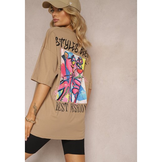 Beżowy Bawełniany T-shirt o Fasonie Oversize z Nadrukiem na Przodzie Lisitha ze sklepu Renee odzież w kategorii Bluzki damskie - zdjęcie 170777098