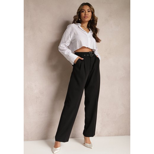Czarne Spodnie High Waist w Stylu Garniturowym z Paskami i Klamerkami Daklena ze sklepu Renee odzież w kategorii Spodnie damskie - zdjęcie 170777326