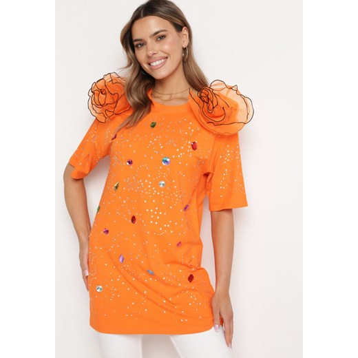 Bluzka damska Born2be z tkaniny pomarańczowy z okrągłym dekoltem z krótkim rękawem z 