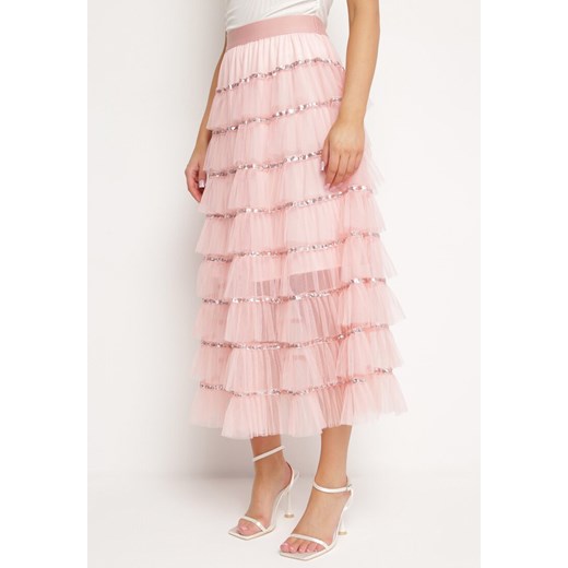 Różowa Spódnica Maxi o Rozkloszowanym Fasonie Ozdobiona Falbankami i Cekinami Meepa ze sklepu Born2be Odzież w kategorii Spódnice - zdjęcie 170791237