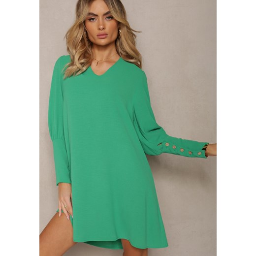Zielona Pudełkowa Sukienka z Rozkloszowanym Dołem i Bufiastymi Rękawami Kaimana ze sklepu Renee odzież w kategorii Sukienki - zdjęcie 170826267