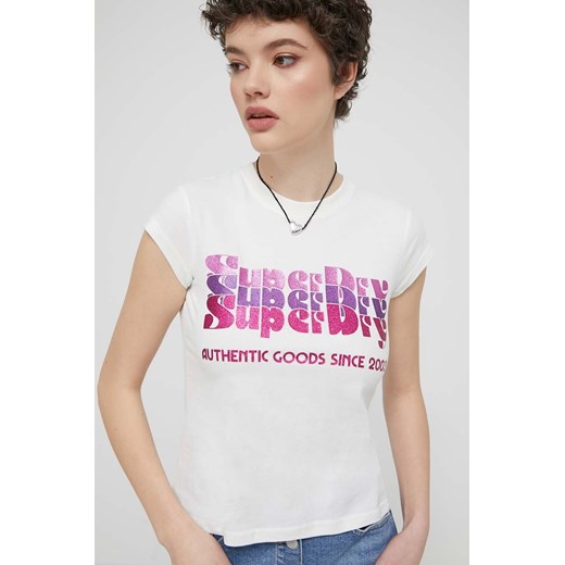 Superdry t-shirt bawełniany damski kolor beżowy ze sklepu ANSWEAR.com w kategorii Bluzki damskie - zdjęcie 170830409