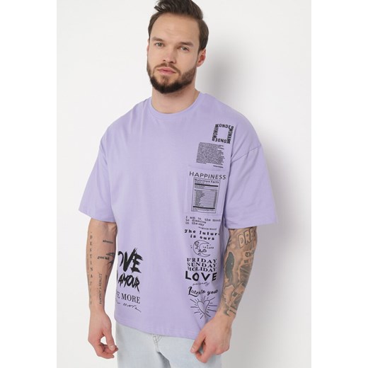 Fioletowa Koszulka z Bawełny z Krótkim Rękawem i Nadrukiem Heulwen ze sklepu Born2be Odzież w kategorii T-shirty męskie - zdjęcie 170836046
