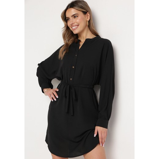 Czarna Sukienka z Wiązaniem w Talii z Koszulową Górą Leandia ze sklepu Born2be Odzież w kategorii Sukienki - zdjęcie 170836116