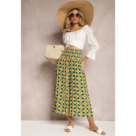 Żółto-Zielone Szerokie Spodnie Culottes z Bawełnianej Tkaniny w Mozaikowy Wzór Miratte ze sklepu Renee odzież w kategorii Spodnie damskie - zdjęcie 170859795