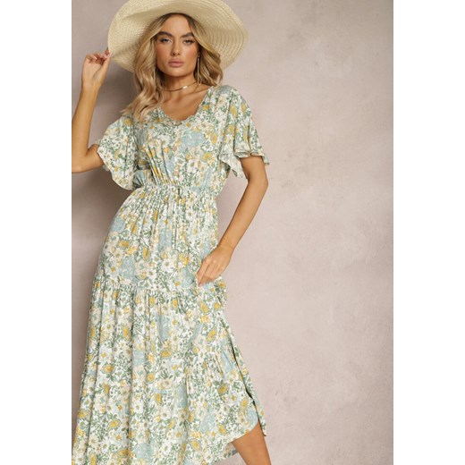 Jasnozielona Letnia Sukienka Rozkloszowana z Bawełnianej Tkaniny w Kwiaty Electria ze sklepu Renee odzież w kategorii Sukienki - zdjęcie 170859825