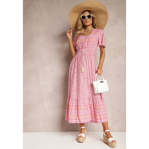 Różowa Sukienka z Bawełny na Lato z Kolorowym Wzorem i Gumką w Pasie Gallatea ze sklepu Renee odzież w kategorii Sukienki - zdjęcie 170859867