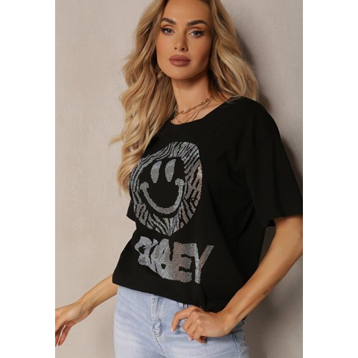 Czarny Bawełniany T-shirt z Nadrukiem i Napisem Dossia ze sklepu Renee odzież w kategorii Bluzki damskie - zdjęcie 170876476