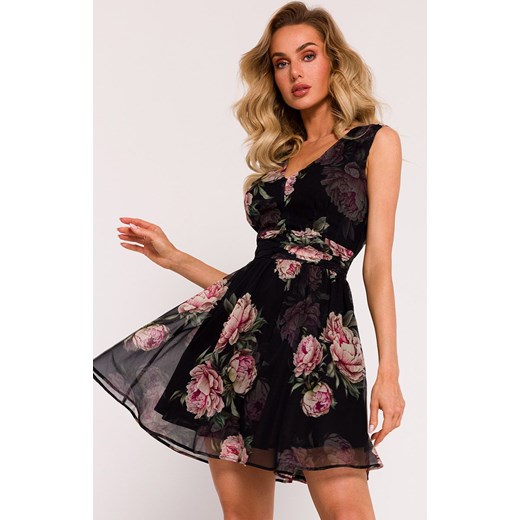 Sukienka mini szyfonowa z dekoltem M782/1, Kolor czarny-wzór, Rozmiar L, MOE ze sklepu Primodo w kategorii Sukienki - zdjęcie 170888199