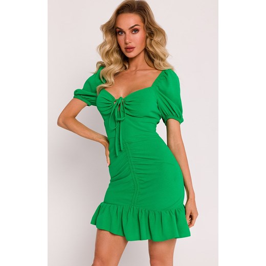 Sukienka mini z wiązaniem w dekolcie soczysty zielony M784, Kolor zielony, Rozmiar L, MOE ze sklepu Primodo w kategorii Sukienki - zdjęcie 170888225