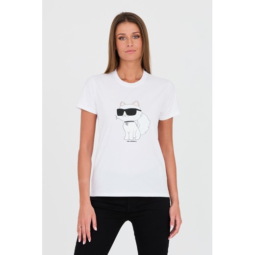 KARL LAGERFELD Biały t-shirt z kotem, Wybierz rozmiar M ze sklepu outfit.pl w kategorii Bluzki damskie - zdjęcie 170894436