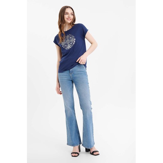 Granatowa koszulka damska z krótkim rękawem i nadrukiem ze sklepu 5.10.15 w kategorii Bluzki damskie - zdjęcie 170910975