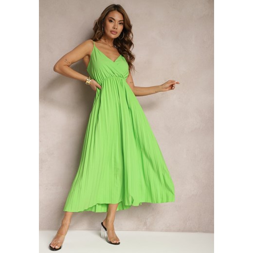 Zielona Długa Sukienka Kopertowa o Rozkloszowanym Kroju na Ramiączkach Kaemera ze sklepu Renee odzież w kategorii Sukienki - zdjęcie 170923997