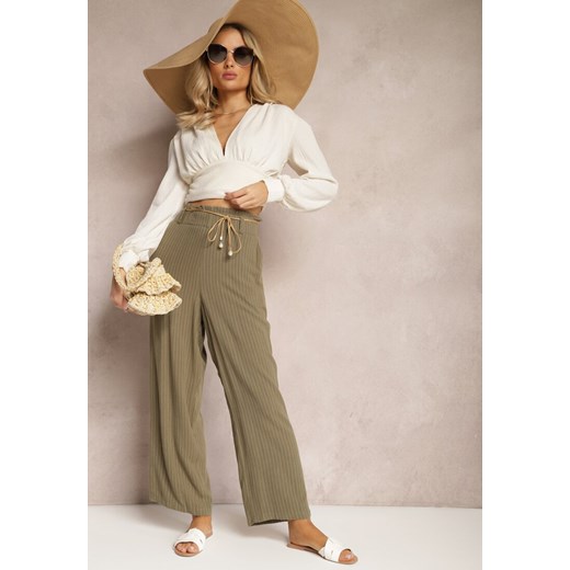 Ciemnozielone Spodnie Regular w Prążki High Waist Sallamia ze sklepu Renee odzież w kategorii Spodnie damskie - zdjęcie 170924115