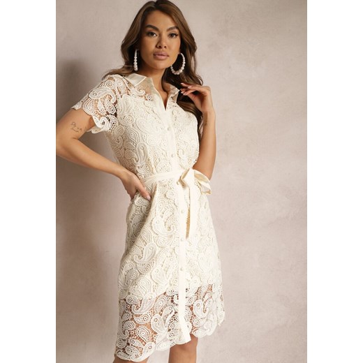 Beżowa Koszulowa Sukienka z Koronką Wiązana w Talii Daphnora ze sklepu Renee odzież w kategorii Sukienki - zdjęcie 170924199