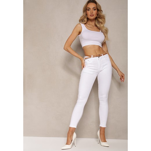 Białe Spodnie Skinny z Bawełny z Dodatkowym Paskiem z Ekoskóry Natsulle ze sklepu Renee odzież w kategorii Spodnie damskie - zdjęcie 170924225