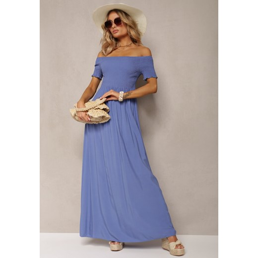 Niebieska Sukienka Bawełniana z Rozkloszowanym Dołem i Hiszpańskim Dekoltem Barino ze sklepu Renee odzież w kategorii Sukienki - zdjęcie 170931499