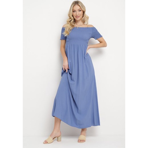 Niebieska Sukienka Hiszpanka o Rozkloszowanym Fasonie z Bawełny Angolima ze sklepu Born2be Odzież w kategorii Sukienki - zdjęcie 170931837