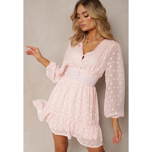 Różowa Koktajlowa Sukienka z Geometrycznym Wzorem na Siateczce z Falbankami Agofona ze sklepu Renee odzież w kategorii Sukienki - zdjęcie 170941218