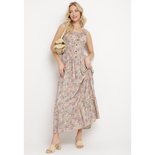 Jasnozielona Rozkloszowana Sukienka Bawełniana w Kwiatowy Print z Guzikami Jamallia ze sklepu Born2be Odzież w kategorii Sukienki - zdjęcie 170944869