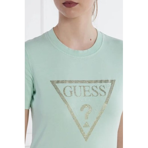 Bluzka damska Guess młodzieżowa miętowa bawełniana z napisami 