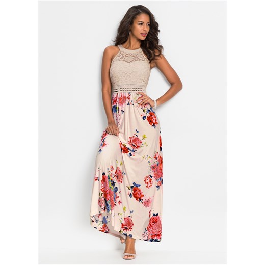 Długa sukienka  z kwiatowym nadrukiem i koronką ze sklepu bonprix w kategorii Sukienki - zdjęcie 170955719