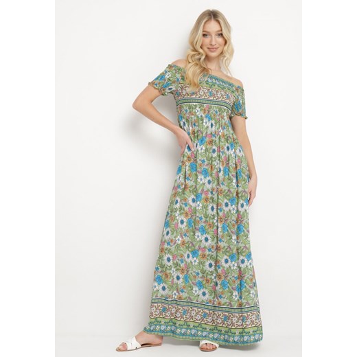 Zielono-Niebieska Sukienka Hiszpanka z Bawełny z Wzorem w Kwiaty w Stylu Boho  Hesperea ze sklepu Born2be Odzież w kategorii Sukienki - zdjęcie 170960387