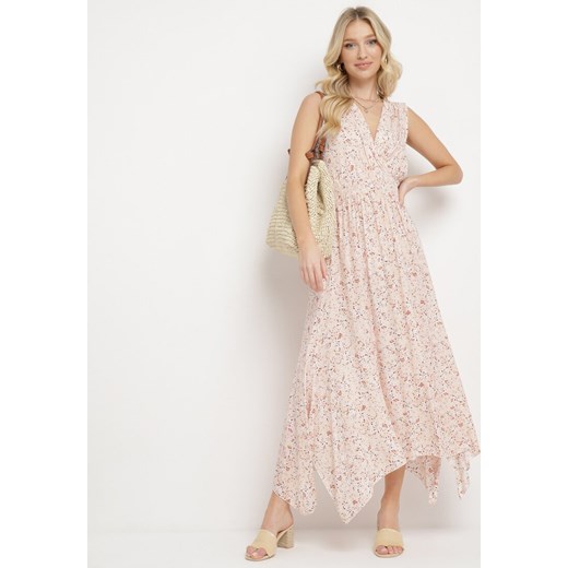 Różowa Bawełniana Sukienka z Kopertowym Dekoltem Asymetrycznym Dołem i Gumką w Pasie Emelena ze sklepu Born2be Odzież w kategorii Sukienki - zdjęcie 170960438