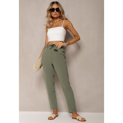 Zielone Spodnie Regular z Wiązaniem w Pasie Dastaria ze sklepu Renee odzież w kategorii Spodnie damskie - zdjęcie 170983225